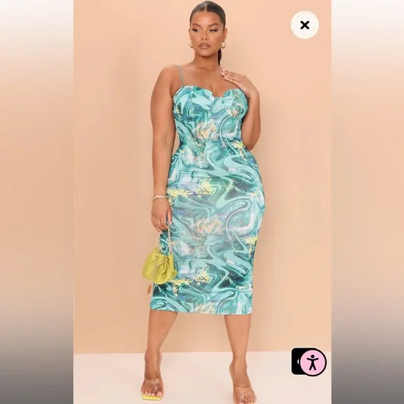 PrettyLittleThing | Dresses | Plus Green Swirl Crinkle Rib Cup Detail Midi  Dress | Poshmark